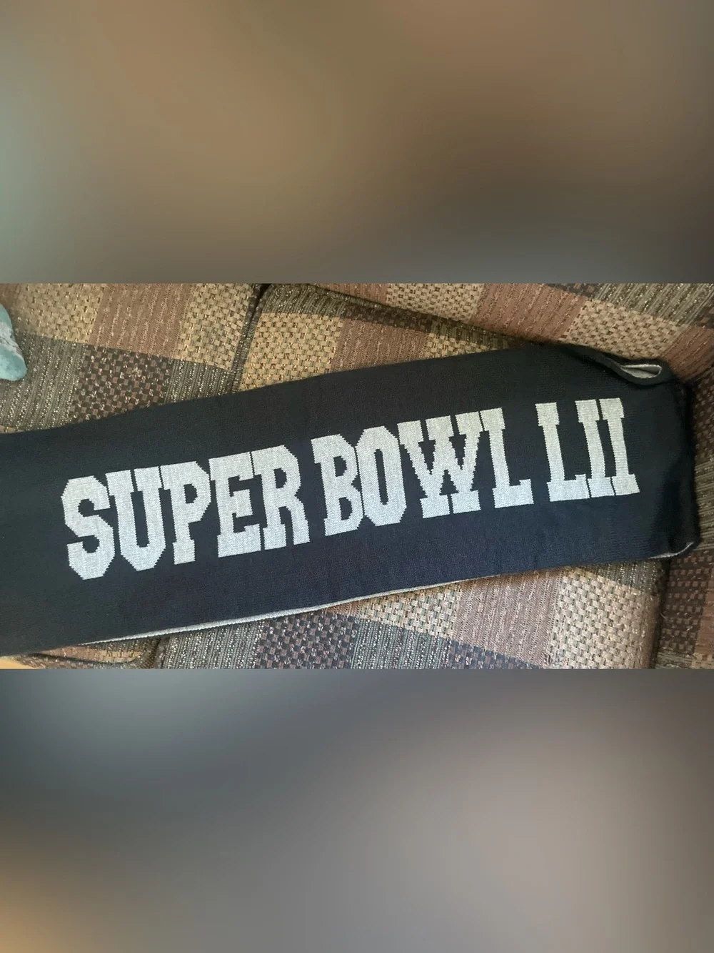 '47 Black and White Pom scarf with Super Bowl LIII Logo